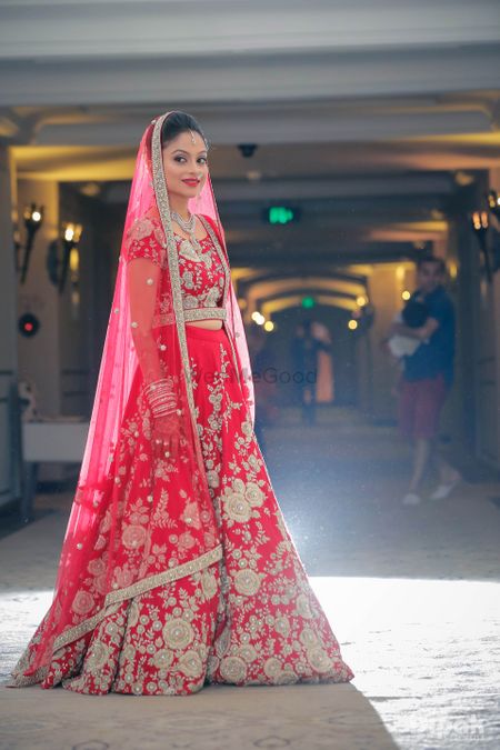 Sequence Border pattern cherry red silver bridal lehenga