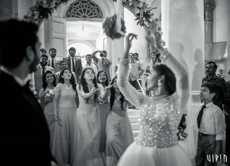 Black and White Christian Wedding Bouquet Toss