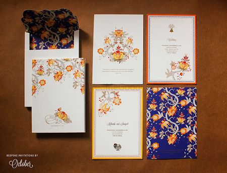 Simple Modern Floral Wedding Card in Blue and Orange