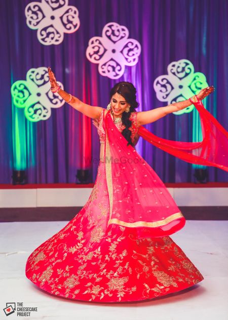 Photo of Pink and Red Lehenga with Floral Embroidery for Sangeet