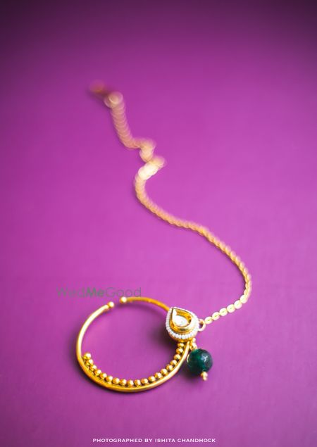 Dark Green and Gold Nath with Kundan Drop