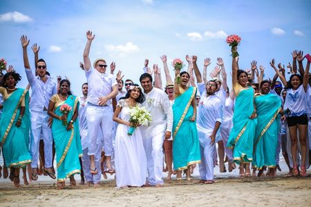 Blue and White Theme Beach Wedding Photo with Guests