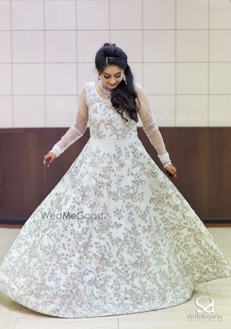 White Evening Gown with Silver Floral Thread Work