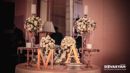 Table Decor with Monograms and Florals and Fairy Lights
