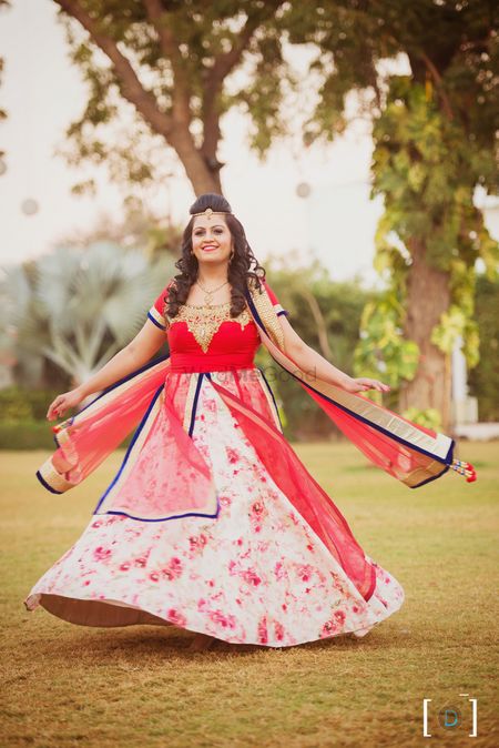 Red and White Floral Lehenga with Blue Border