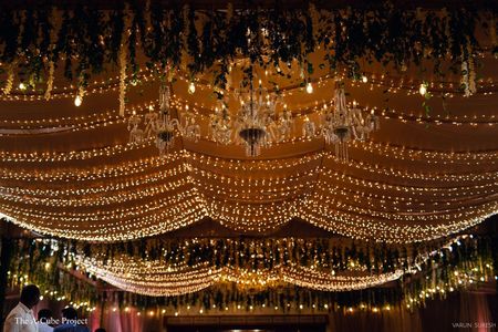 Fairy lights used in ceiling decor.