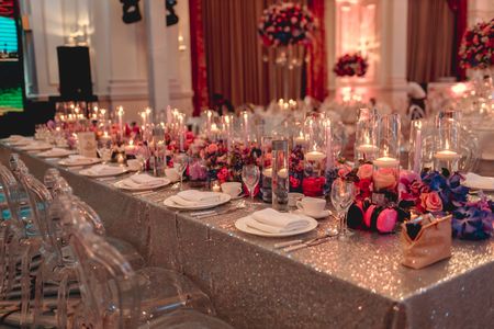 long table elegant setting for reception or sangeet