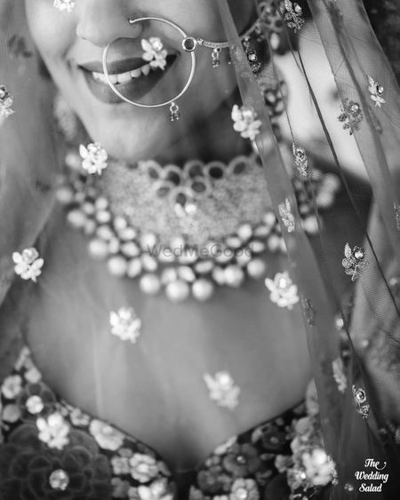 Photo of black and white bridal close up shot