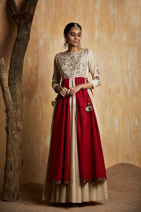 Photo of Off White and Red Anarkali with SIlver Thread Work