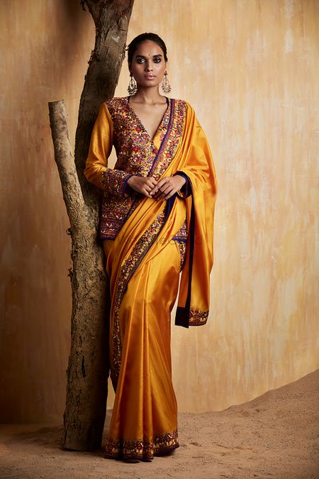 Photo of Mustard Saree with Long Embroidered Blouse and Border