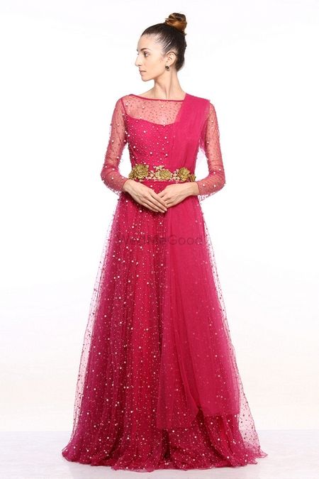 Dark Pink Evening Gown with Sheer Sleeves and Sequins