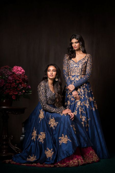 Blue and gold reception outfits by Shyamal Bhumika