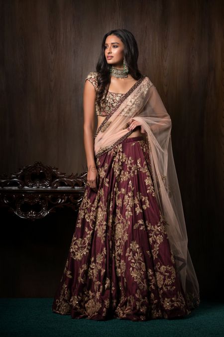 Pure Micro Velvet Wedding Wear Lehenga In Wine Color With Embroidery Work &  Stone Work - Sale