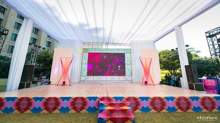 Photo of funky stage with LED backdrop and funky print in the front