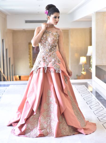 Photo of Peach Evening Gown with Floral Motifs and Embroidery