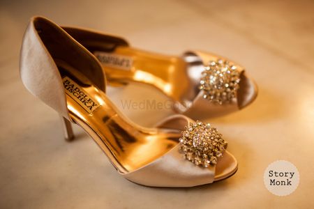 Photo of Dull Gold Satin Heels with Golden Motifs