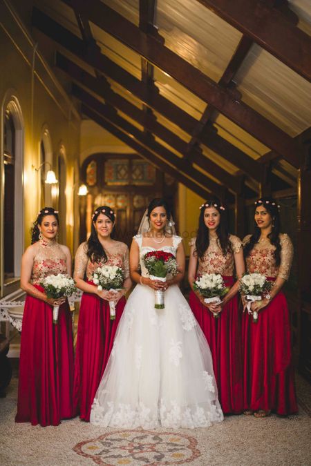 Bride with Matching Bridesmaids in Magenta Dresses