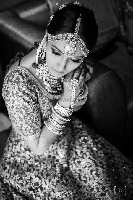 Black and White Bridal Getting Ready Portrait