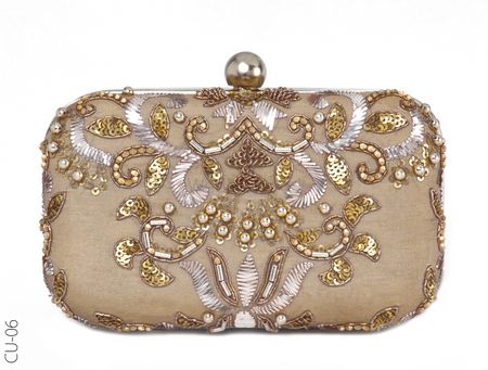 gold and beige bridal clutch with handle