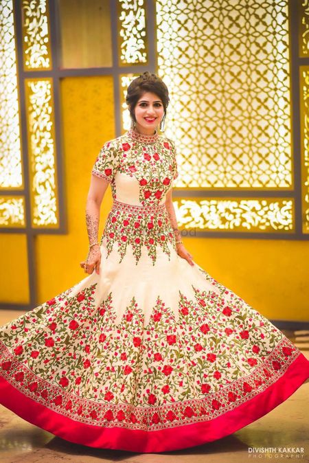 White and Red Gown with Floral Design Thread Work