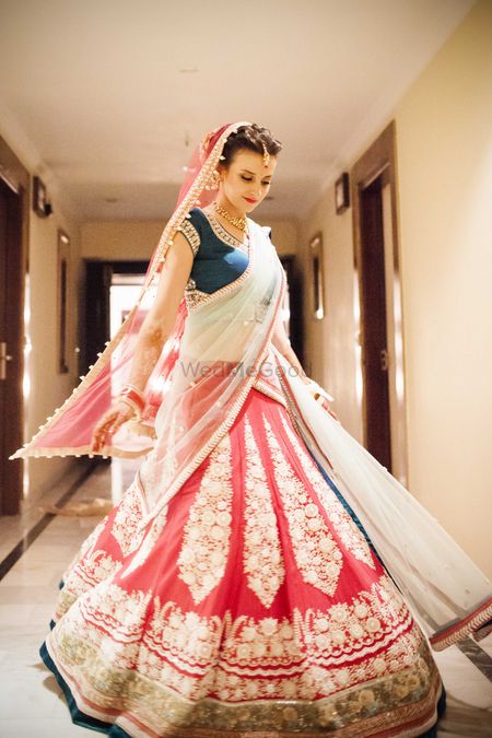 Red and White Bridal Lehenga with Blue Blouse