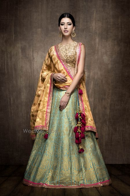 Seafoam Lehenga with Pink Border and Yellow Dupatta