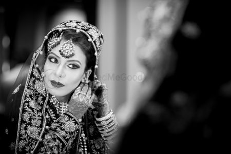 Black and White Portrait of Bride Getting Ready