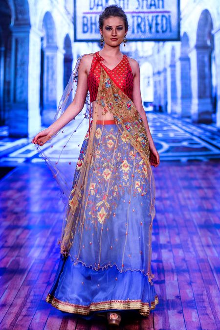 Photo of Red and blue lehenga with inbuilt net dupatta