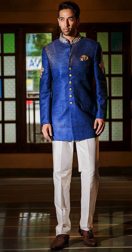Blue bandhgala with gold embroidery