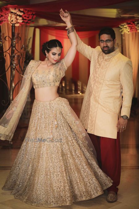 Gold thread and sequin work lehenga for engagement