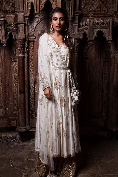 White anarkali with tassels and gold sequin sharara