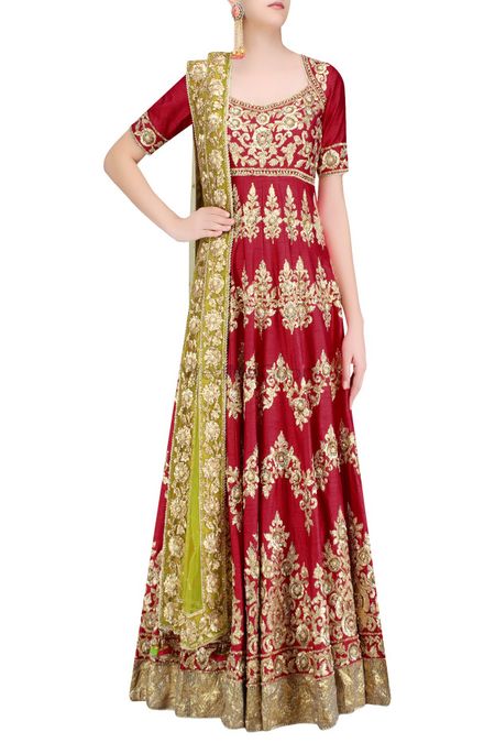Maroon and gold anarkali with green dupatta