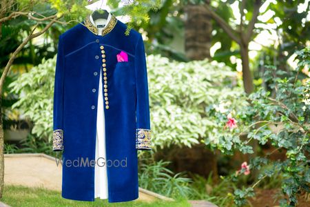 Photo of Royal blue velvet sherwani on hanger