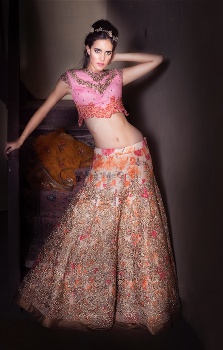 Light pink and red floral lehenga with zardozi work