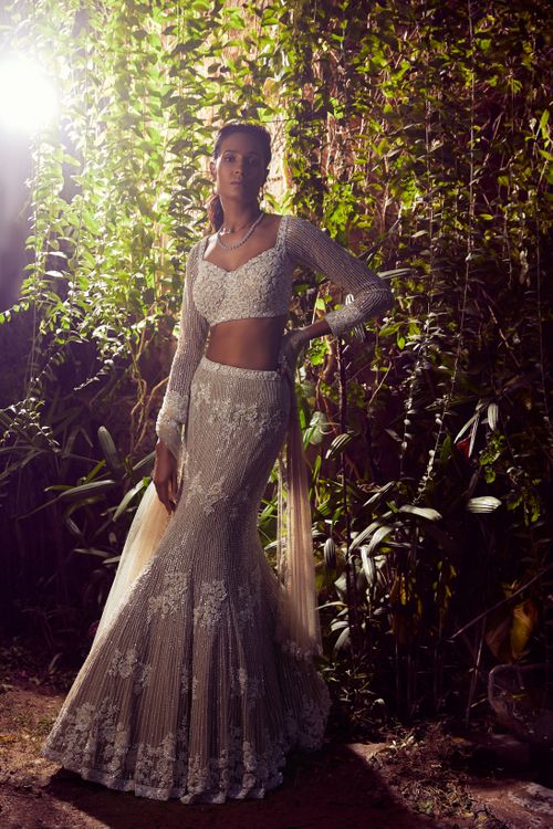 Nude Mesh Hand Embroidered Fish-Cut Lehenga Set Design by PARUL GANDHI at  Pernia's Pop Up Shop 2024