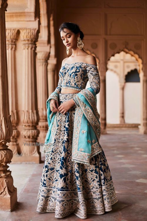 Blue velvet bridal lehenga hotsell