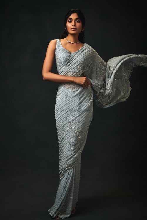 Stone grey sequin saree by Neeta Lulla