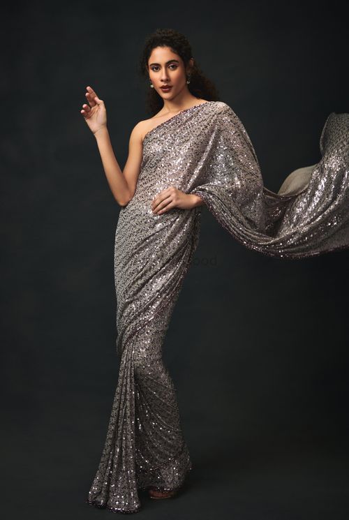 Buy Grey Pleated Saree with A Corset Off-Shoulder Blouse