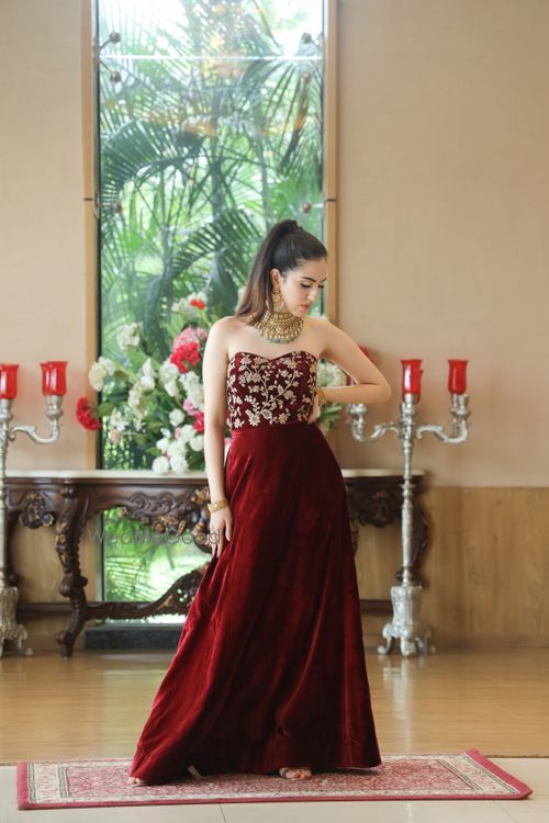 Maroon Velvet Reception Gown  101 Hues