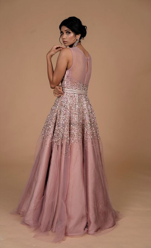 Pink Net Fancy Gown with 3D Flower Motifs