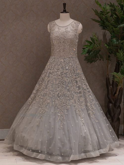 grey engagement dress Black Diamond Fleur Embroidered Storm Gray Plisse Tulle Dress