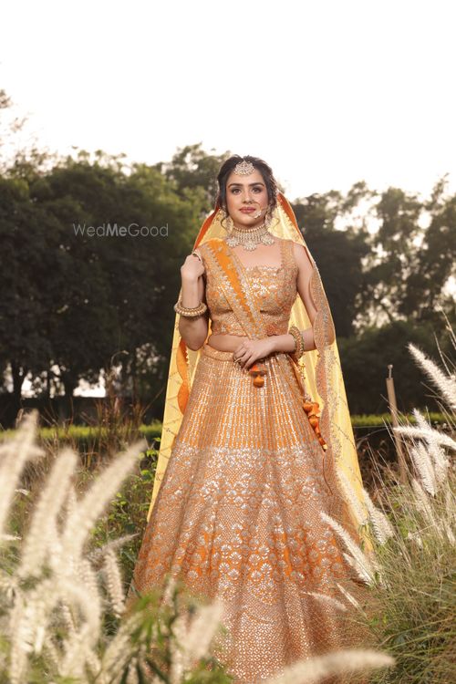 Red and yellow cheap bridal lehenga