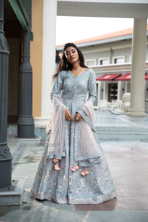 Grey Silk Engagement Anarkali with Prices