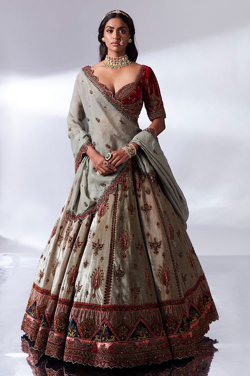 Buy Grey Handcrafted Bridal Lehenga Set With Unstitched Blouse Fabric For  Women by Ekaya Online at Aza Fashions.