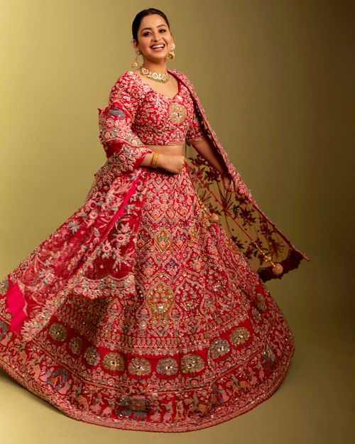 Red Zardosi Bridal Lehenga With Short Sleeve Blouse | Mrunalini Rao – KYNAH