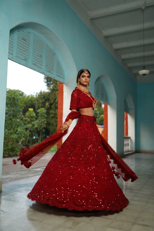 Golden red decent designer lehenga saree - New India Fashion