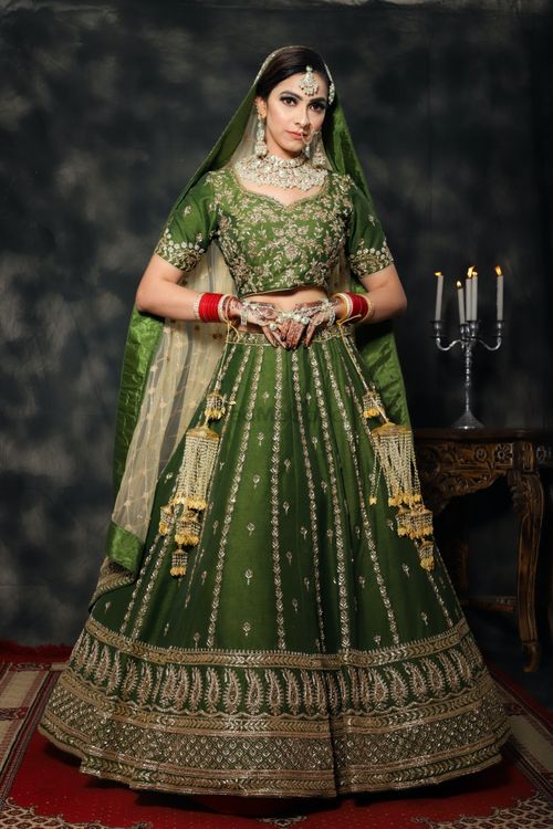 Dark Green Embellished Chanderi Lehenga Set With Net Dupatta - Redpine-  Fabilicious Fashion