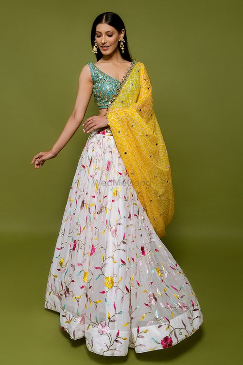 Lilac Lucknowi Lehenga Ruffled Dupatta Crop Top for Wedding & Festive –  Dharang