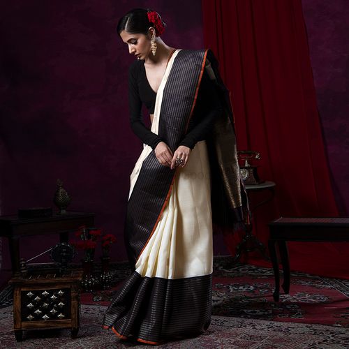 Banarasi Cotton Silk Saree With Antique Zari Weaving Border-Black –  Banarasikargha