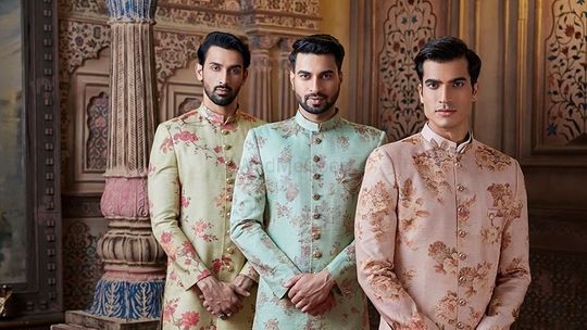 Lively Peach Asymmetrical Indian Wedding Sherwani For Men  Saris and Things
